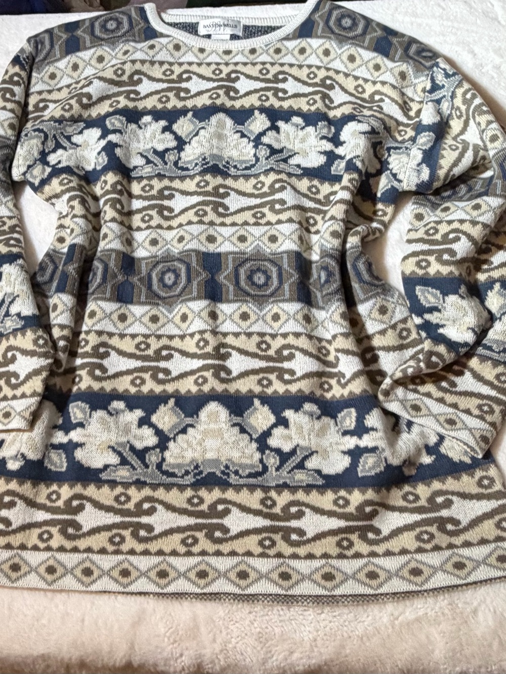 Vintage Patterned Crewneck Sweater in Cream, Blue & Brown